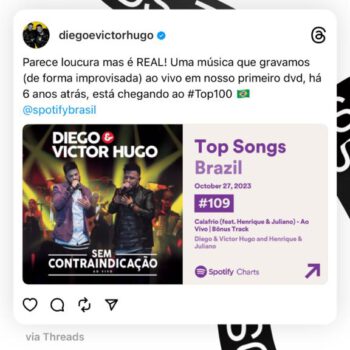 Música que apresentou Diego & Victor Hugo a Henrique & Juliano volta a crescer no Spotify e se aproxima do Top100